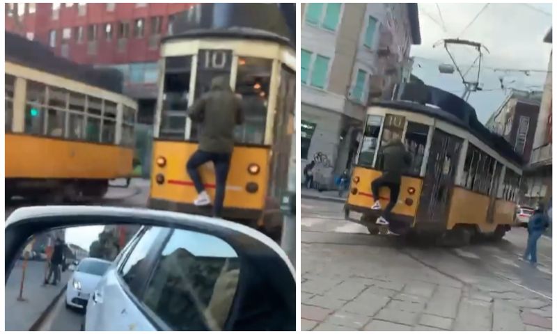 Altri pazzi a Milano: il video dello Spiderman appeso al tram