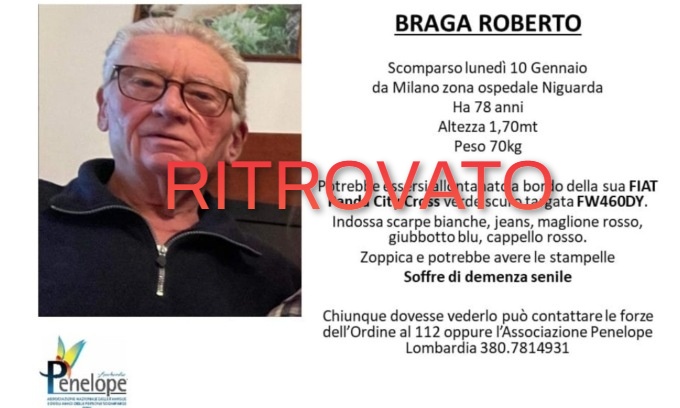RITROVATO – Scomparso da Milano Roberto Braga, 78enne malato di demenza senile