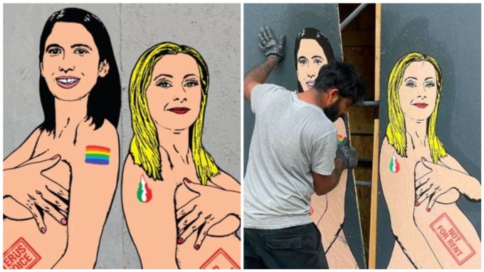 Già rimosso il murale con Meloni e Schlein ritratte nude e incinte in piazza San Babila