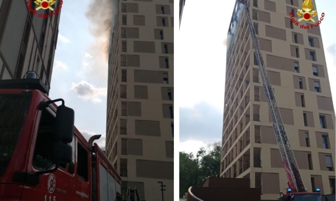 Incendio agli ultimi piani della torre di via Gallarate