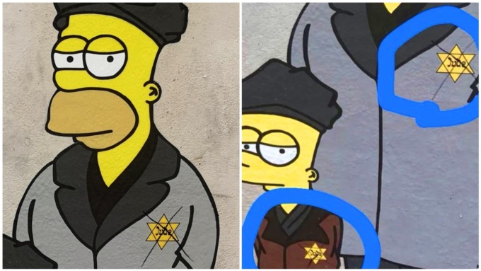 E’ stato ancora imbrattato il murale dei Simpson al Memoriale della Shoah