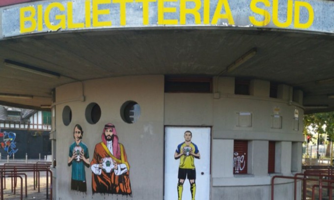 Mancini e Bin Salman nel murales di aleXsandro Palombo